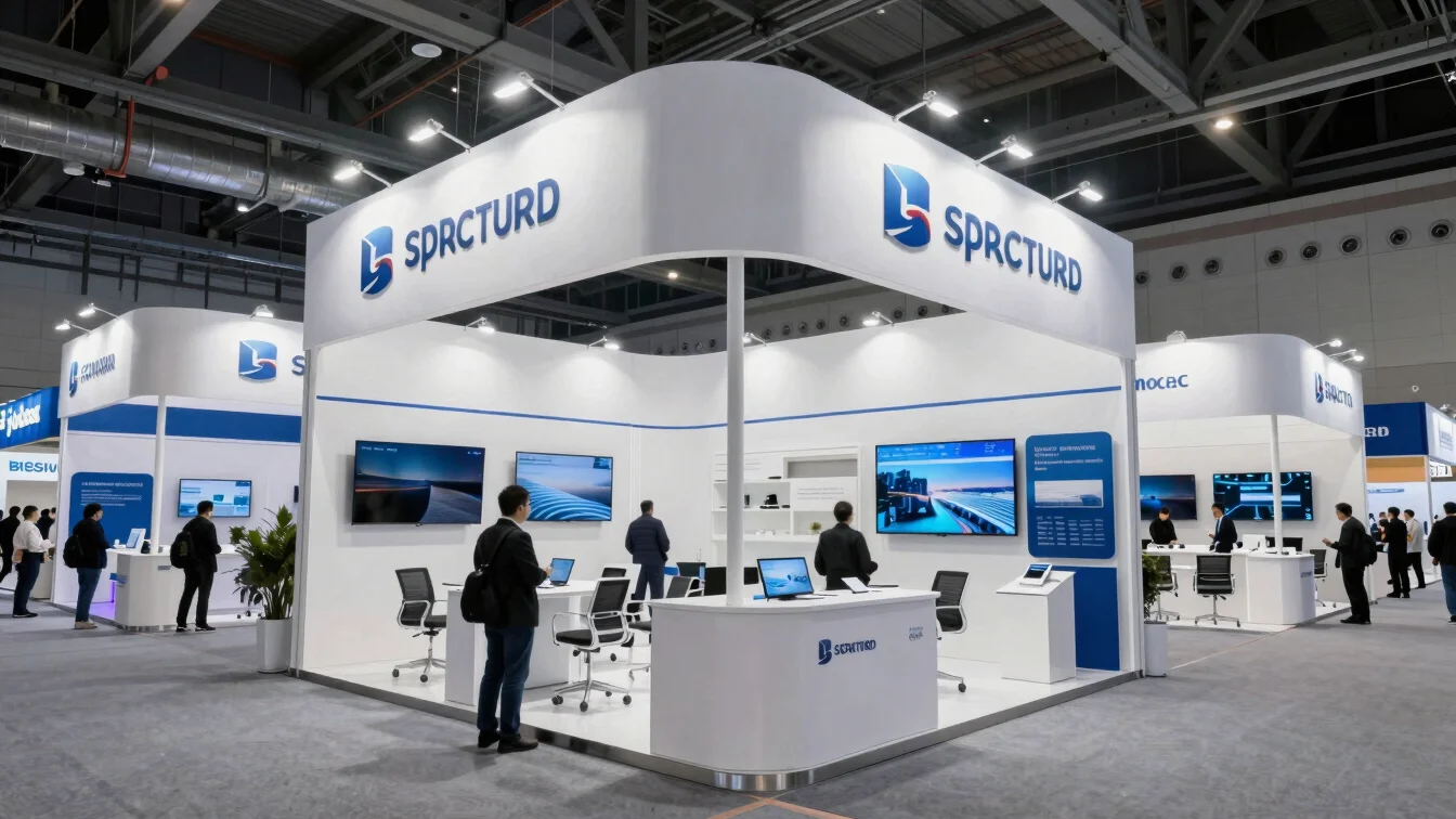 Structured trade show exhibition booths with professional lightin