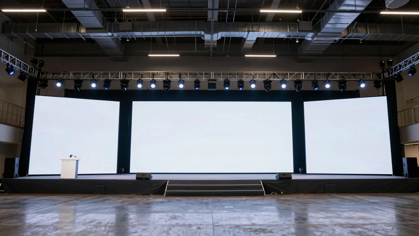 Professional keynote stage with structured lighting rigs and larg