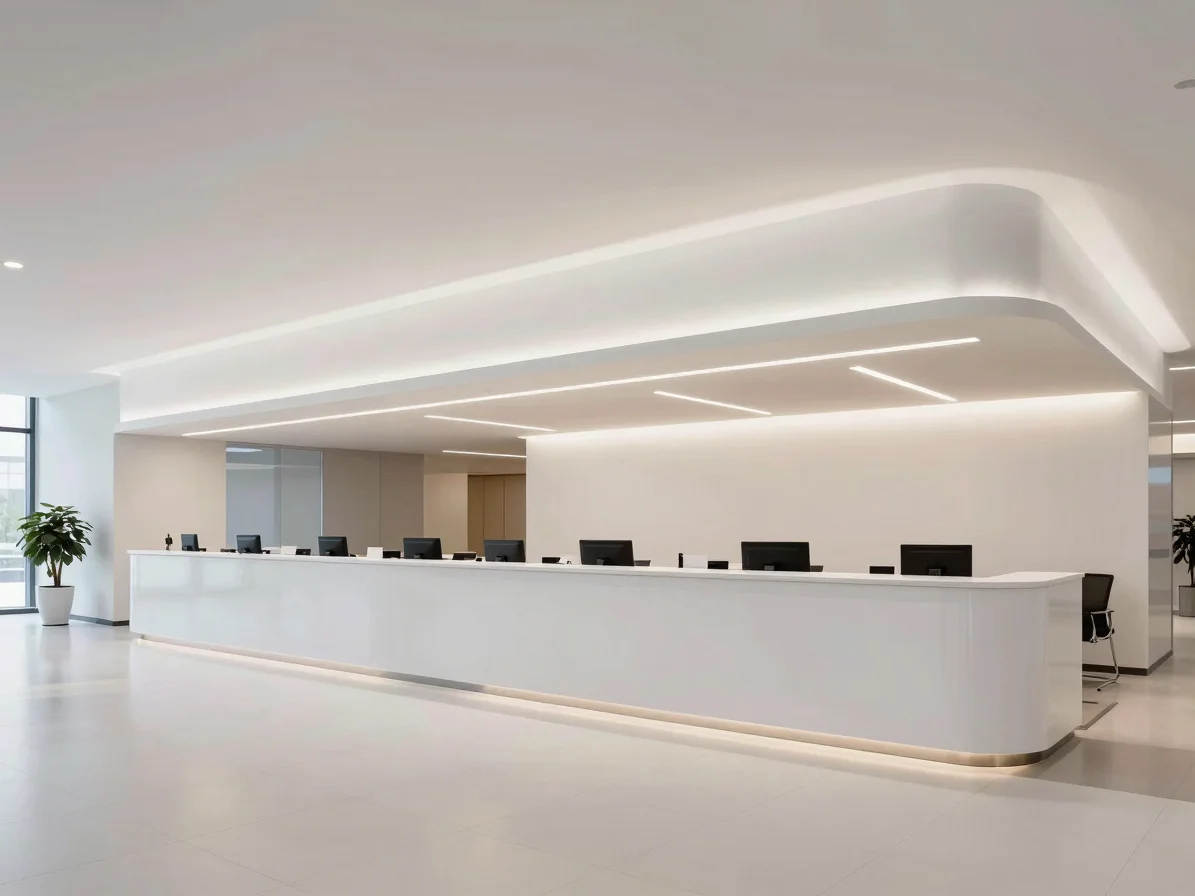 Clean architectural corporate interior of an exhibition center registration area with directional lighting and professio