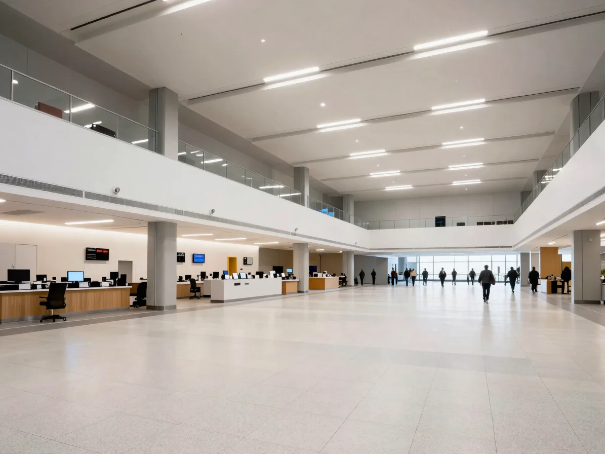 Wide-angle architectural view of a bright convention center concourse with structured service points and professional li