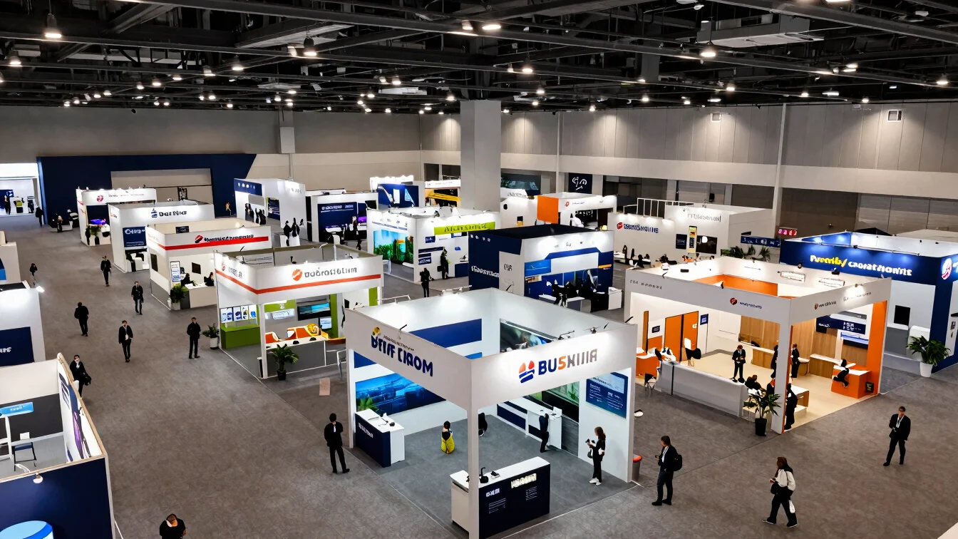 Overhead architectural view of a massive convention hall floor during active trade show hours, structured aisles, clean