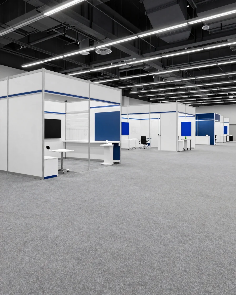 Wide angle shot of a pristine convention hall floor with structured trade show booths under bright architectural lightin