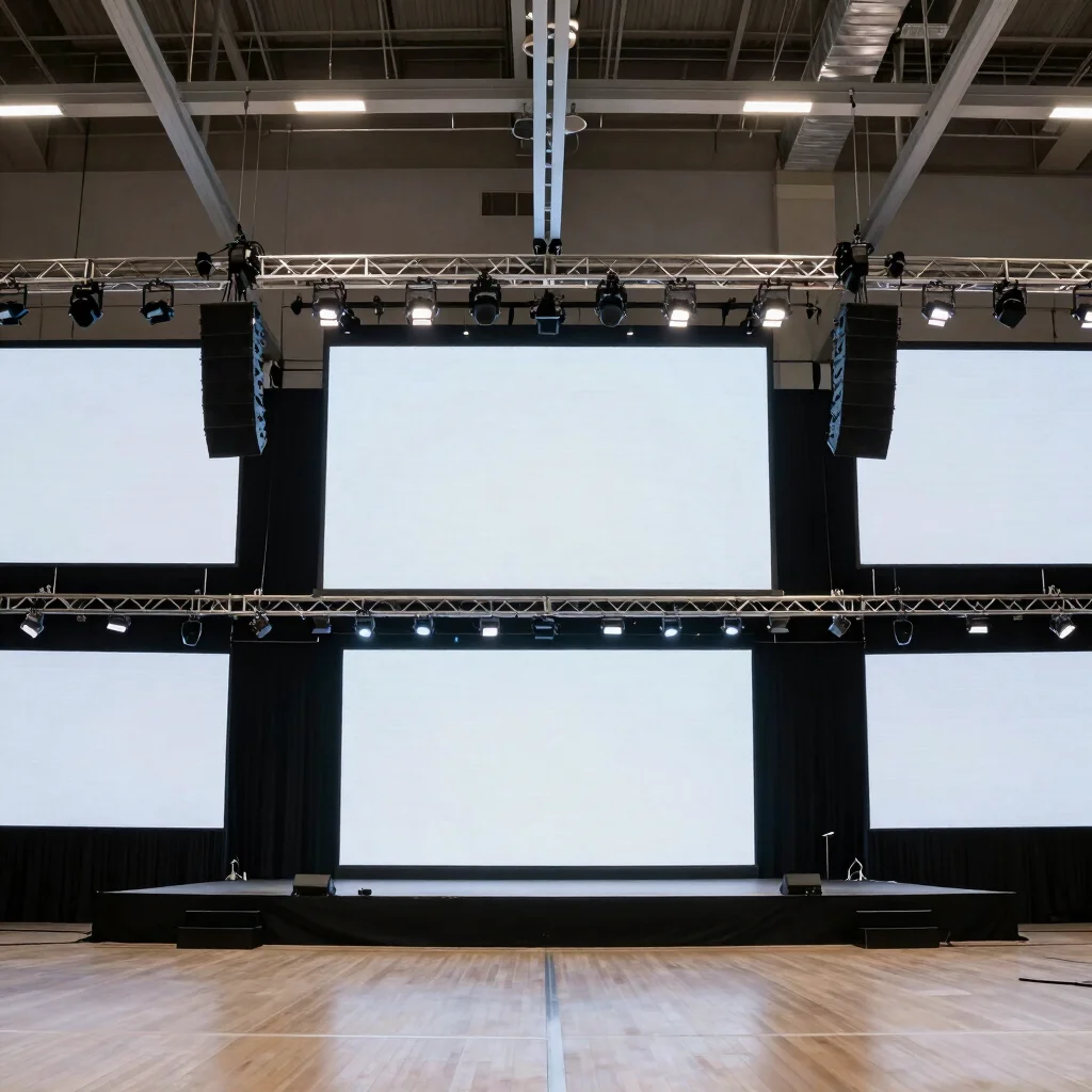 Keynote stage with professional lighting rigs and multi-screen projection displays, clean architectural corporate photog