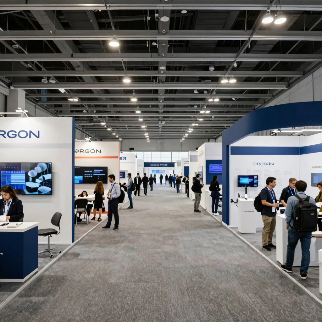 High-density trade show floor during active convention hours, balanced aisle width, overhead floor view