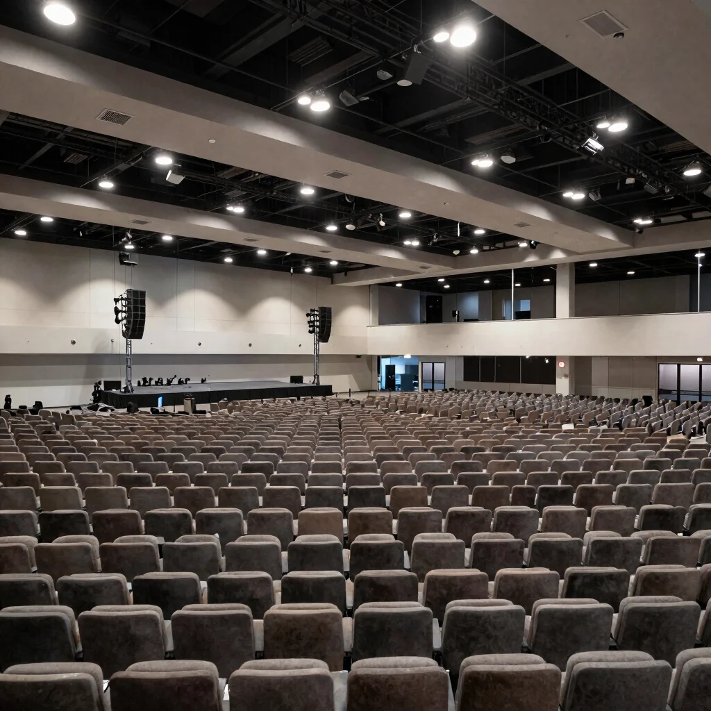 Convention center auditorium seating setup, professional stage lighting, clean architectural lines