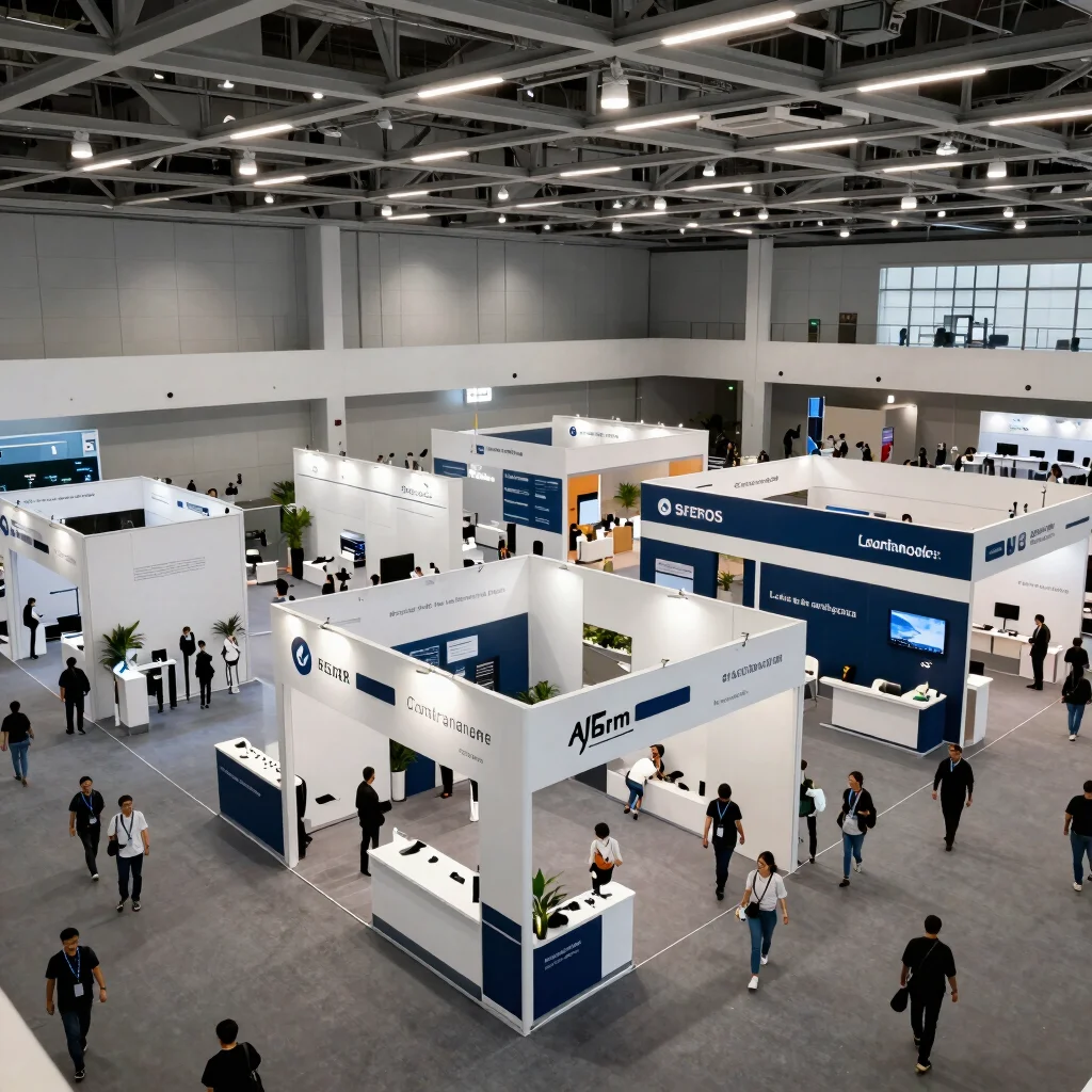 Exhibitor hall layout with structured booth alignments and wide attendee circulation paths