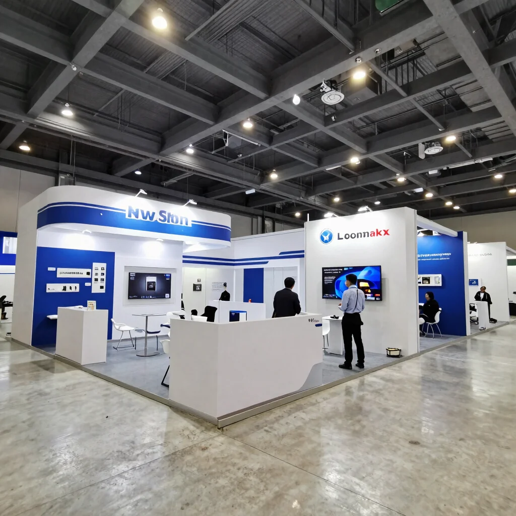 Wide angle exhibition hall floor, structured trade show booths, bright ambient lighting, professional 35mm
